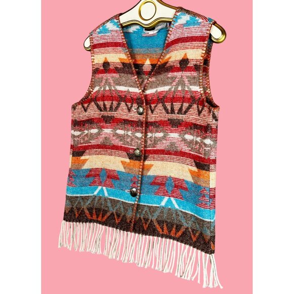 Womens Fall Soft Wool Blend Blanket Vest Fringe Western Aztec Pattern Outerwear - Picture 2 of 10
